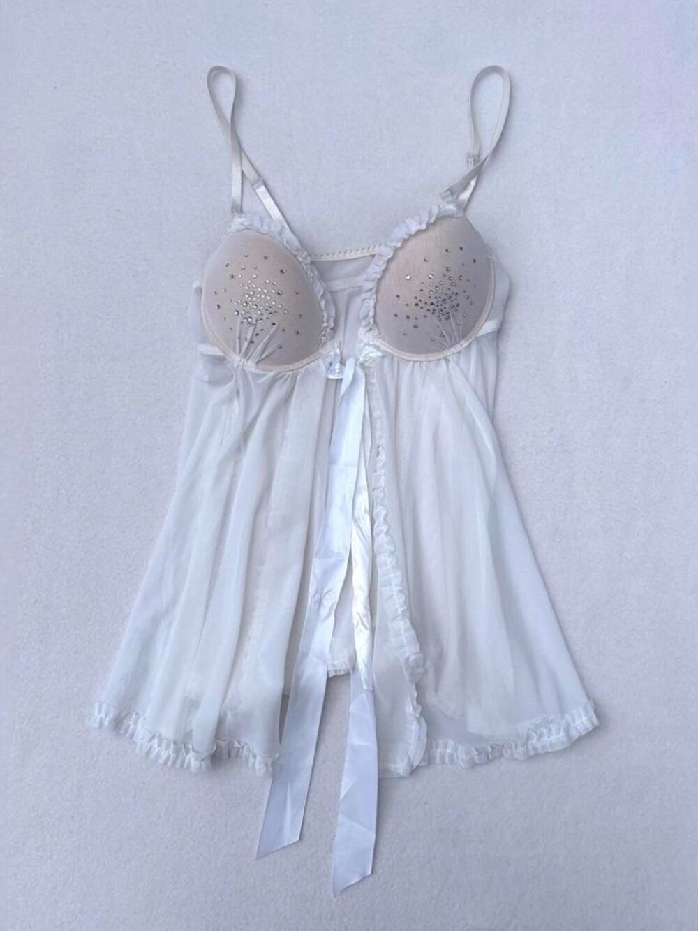 Native Intimates White Sheer Bedazzled Rhinestone Babydoll Chemise Dress Sz 34C